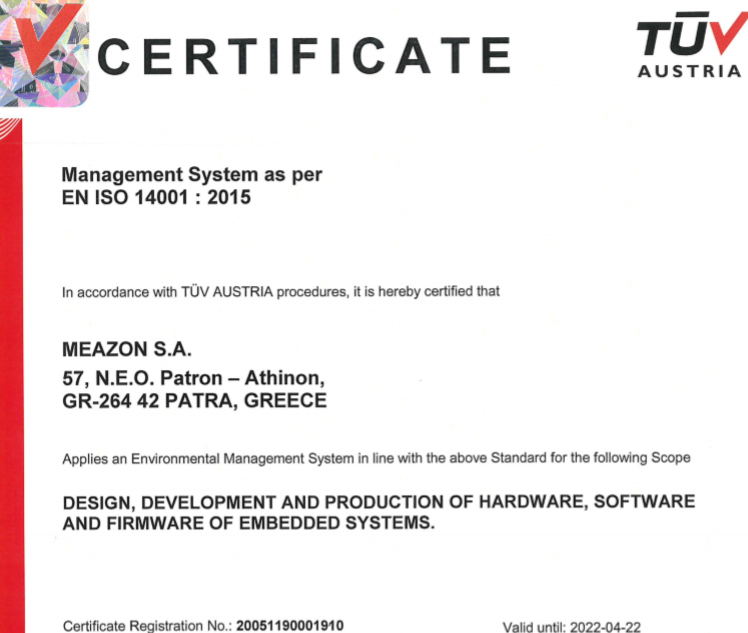 MEAZON CERTIFIED ACCORDING TO ISO 14001 : 2015